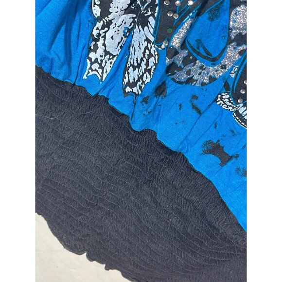 lady fashion short sleeve shirt blue black embellished butterfly medium READ - Picture 5 of 14